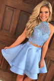 Two Piece Round Neck Short Tiered Satin Blue Open Back Homecoming Dress with Lace JS259