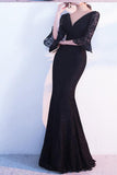 Elegant Black Lace Popular V-Neck Half Sleeve Sexy Mermaid Lace up Prom Dresses JS246