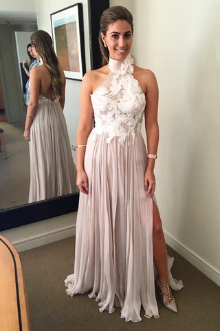 Elegant Halter Backless A-Line Chiffon Pink Appliques Bodice Split Sleeveless Prom Dresses JS261