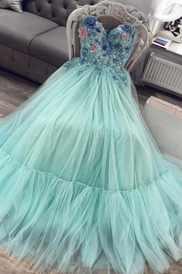 A Line Mint Green Sweetheart Tulle Appliques Long Prom Dresses