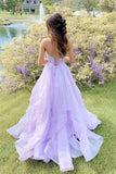 Long Princess Lavender Tiered A Line Spaghetti Straps Prom Dresses