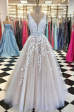 A-Line V-Neck Appliques Open Back Ivory Sleeveless Beads Evening Prom Dresses UK JS465