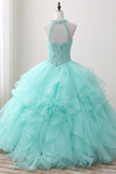Ball Gown Long Green Sleeveless Open Back Lace up Beads High Neck Prom Dresses JS422