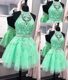 Sexy Halter Tulle Short New Arrival Appliques Cute Mini Homecoming Dress JS97