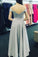 A-Line Off-the-Shoulder Open Back Sweetheart Grey Chiffon Prom Dresses with Appliques JS229