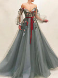 Off The Shoulder Long Sleeves A Line Tulle Long Prom Dresses With Flowers