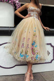 Elegant Strapless Sweetheart Appliques Tulle Tea Length Prom Dresses JS992