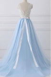 A-Line Lace Open Back V-Neck with Sash Blue and White Cap Sleeve Prom Dresses UK JS432