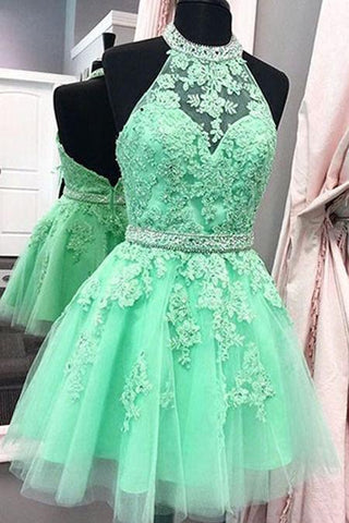 Sexy Halter Tulle Short New Arrival Appliques Cute Mini Homecoming Dress JS97