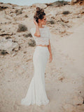 Two Piece Mermaid Beach Wedding Dresses Short Sleeve Lace