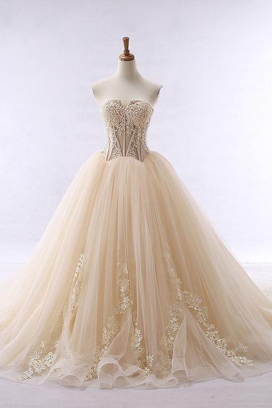 Chic Ball Gowns Strapless Sweetheart Tulle Lace up Modest Cheap Lace Long Prom Dresses JS326