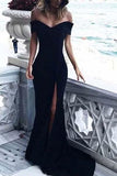 Sexy Leg Slit Long Off-the-Shoulder Jersey Sweetheart Mermaid Black Prom Dresses JS407