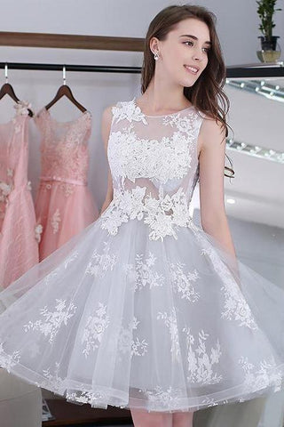 Knee-length Sleeveless Short Cute A-line Lace Appliques Tulle Homecoming Graduation Dress JS252