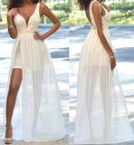 Cheap Popular Backless Sleeveless V-Neck Ivory Lace Side Slit Chiffon Prom Dresses JS188