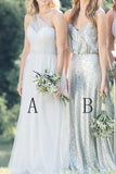 Mismatched Chiffon Sequin A Line Spaghetti Straps One Shoulder Cheap Bridesmaid Dresses JS414