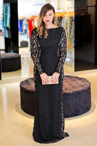 Sexy Black Mermaid Lace Long Sleeve High Neck Floor-Length Backless Plus Size Prom Dresses JS222