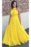 Princess Chiffon A-line Halter Long Yellow Backless Sleeveless Prom Dresses UK JS423