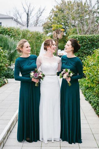 Green Long Sleeve Round Neck Modest Floor-Length Satin A-Line Bridesmaid Dress JS524