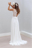 Elegant A-Line Bowknot Chiffon Open Back V-Neck Lace Sleeveless White Wedding Dress JS316