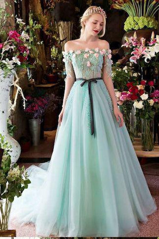 Princesses Romantic Summer Boho Off the shoulder Long Sleeve Blue Wedding Dresses JS546