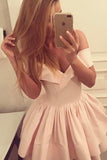 A-Line Off-the-Shoulder V-Neck Ruffles Short Pink Mini Satin Homecoming Dress JS279