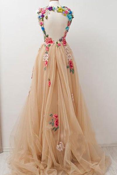 A-Line High Neck Round Neck Tulle Applique Open Back Long with Flowers Prom Dresses JS494