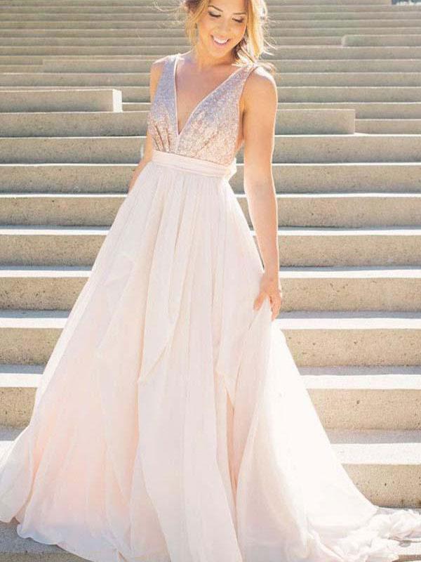 A Line Pink V Neck Sequins Simple Long Cheap Chiffon Backless Sleeveless Prom Dresses JS616