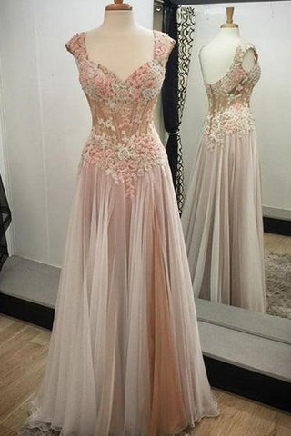Noble A-line V-neck Tulle with Appliques Lace Sweetheart Open Back Long Prom Dresses JS81