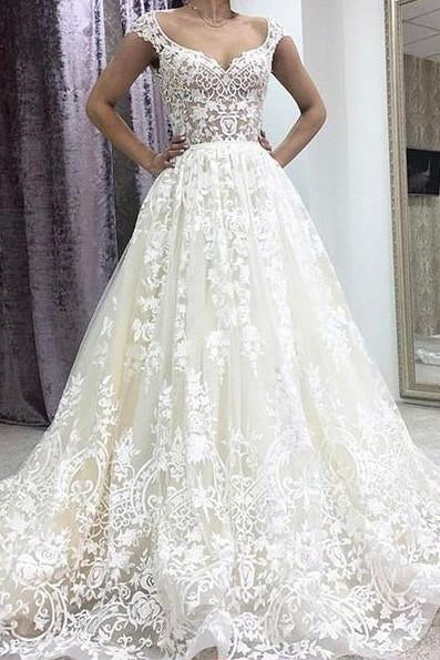 A-Line Deep V-neck Court Train Sleeveless Ivory Lace Wedding Dress with Appliques JS282