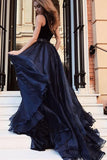 Gorgeous A Line Open Back Sleeveless With Split Side Dark Blue V Neck Prom Dresses JS74