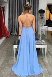 Simple A-Line Spaghetti Straps Blue V-Neck Backless Long Slit Backless Chiffon Prom Dresses JS240