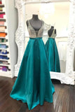 Beaded Plunging V-Neck Floor-length Teal Green Satin Prom Dresses JS338