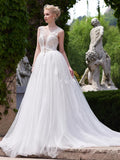 New Style A-line Scoop Neck Tulle Appliques Lace Court Train Backless Wedding Dress JS633