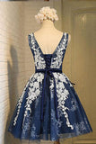 A-line Scoop Knee-length Open Back Navy Blue Organza Homecoming Dress with Appliques JS171
