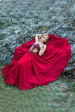 Sweetheart Appliques Beading Strapless Red A-Line Chiffon See-through Fashion Prom Dresses JS247