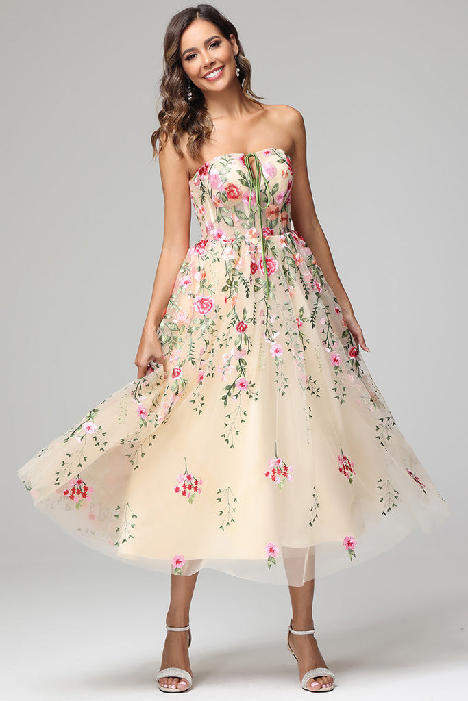 Unique Flower Embroidered Tea Length Prom Dress