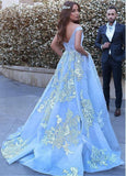 Wonderful Off-the-shoulder Ball Gown Formal Blue Lace Appliques Long Quinceanera Dresses JS1119