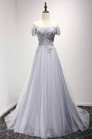 Dusty Blue A-Line Off-the-Shoulder Tulle Lace up Prom Dresses with Appliques Lace JS956