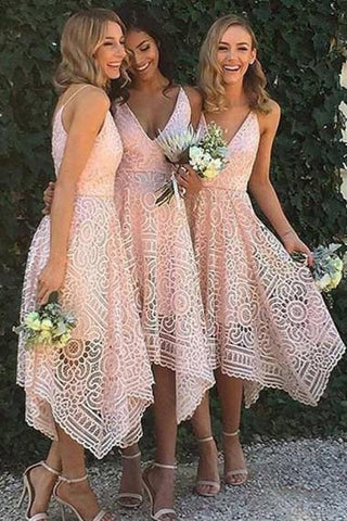 Deep V-neck Spaghetti Straps Sleeveless Asymmetry Lace A-line Bridesmaid Dress