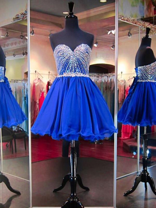 A-Line Royal Blue Shining Sweetheart Beading Short Mini Homecoming Dresses JS342