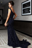 Gorgeous Mermaid Off-the-Shoulder Lace Navy Blue Sequins Sweetheart Prom Dresses JS600