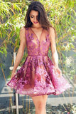 A-Line V-Neck Sleeveless Short Grape Tulle Short Cute Homecoming Dress with Appliques JS231