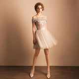 Off-the-Shoulder Lace Short Prom Dress Beading Tulle Cute Lace-up Homecoming Dress JS247