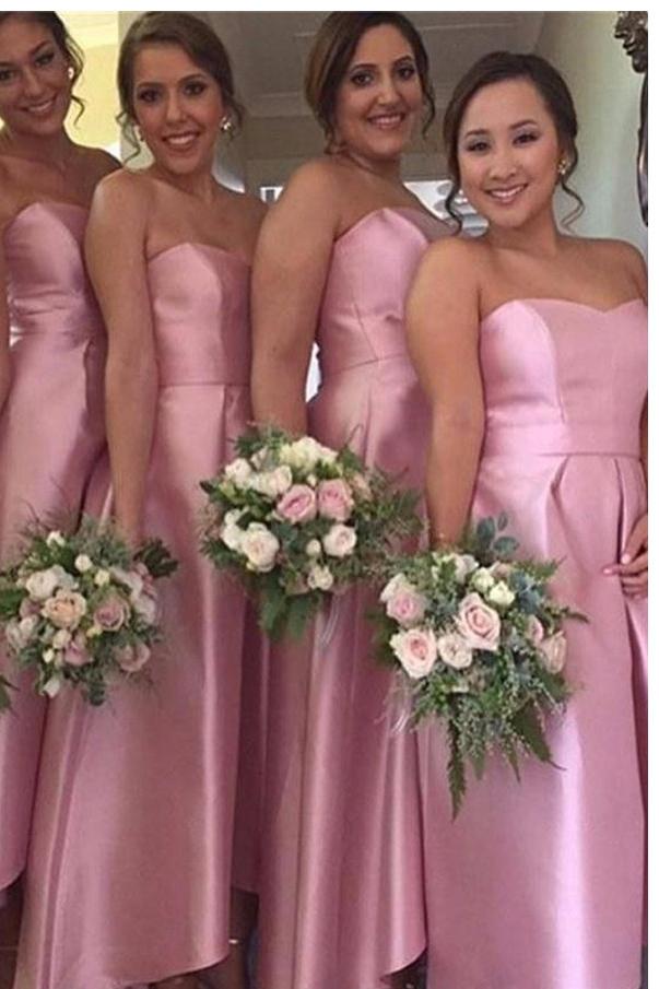 Charming A-Line Sweetheart Satin Floor-Length Pink High-Low Bridesmaid Dresses JS415