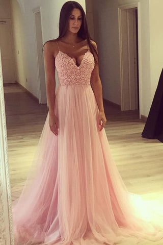 A Line Spaghetti Straps Pink Tulle V Neck Lace Appliques Sleeveless Long Prom Dresses JS72