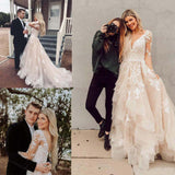 A line V Neck Asymmetrical Long Sleeve Lace Tulle Wedding Dresses With Train