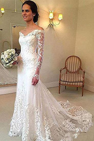 Off the Shoulder Lace Long Sleeve Mermaid V Neck Covered Button Wedding Dresses JS330