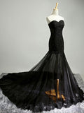 Sexy Black Sweetheart Sheath Tulle Beads Lace Appliques Strapless Long Prom Dresses JS30