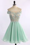Short Chiffon Tulle Appliques Lace Beads Cute Off the Shoulder Green Homecoming Dresses JS740