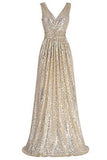 A Line Sequin V Neck V Back Sleeveless Gold Ruffles Maxi Evening Prom Dresses JS336
